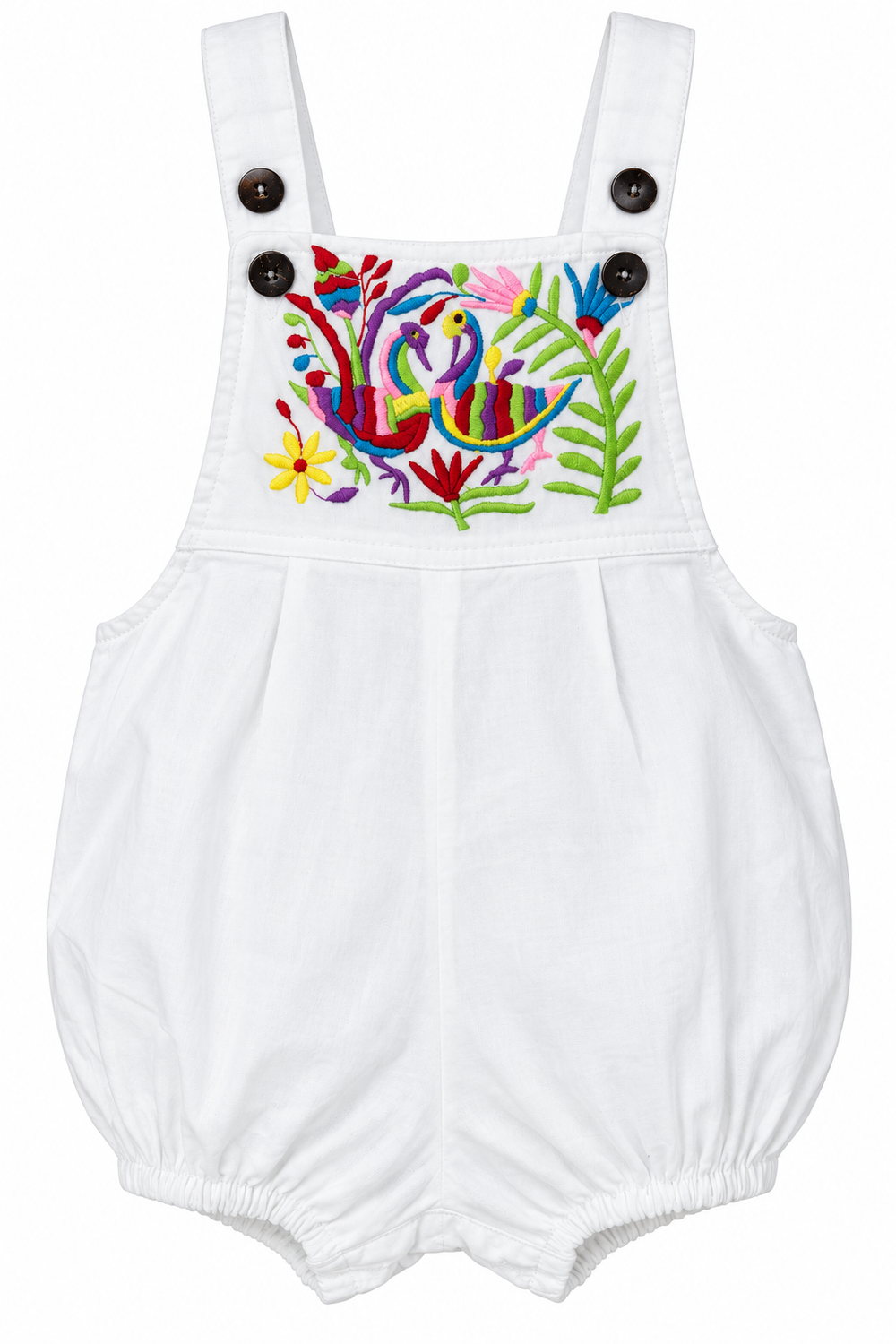 Colorful Love Birds Garden – Embroidered Cotton Romper – ghost mannequin front view