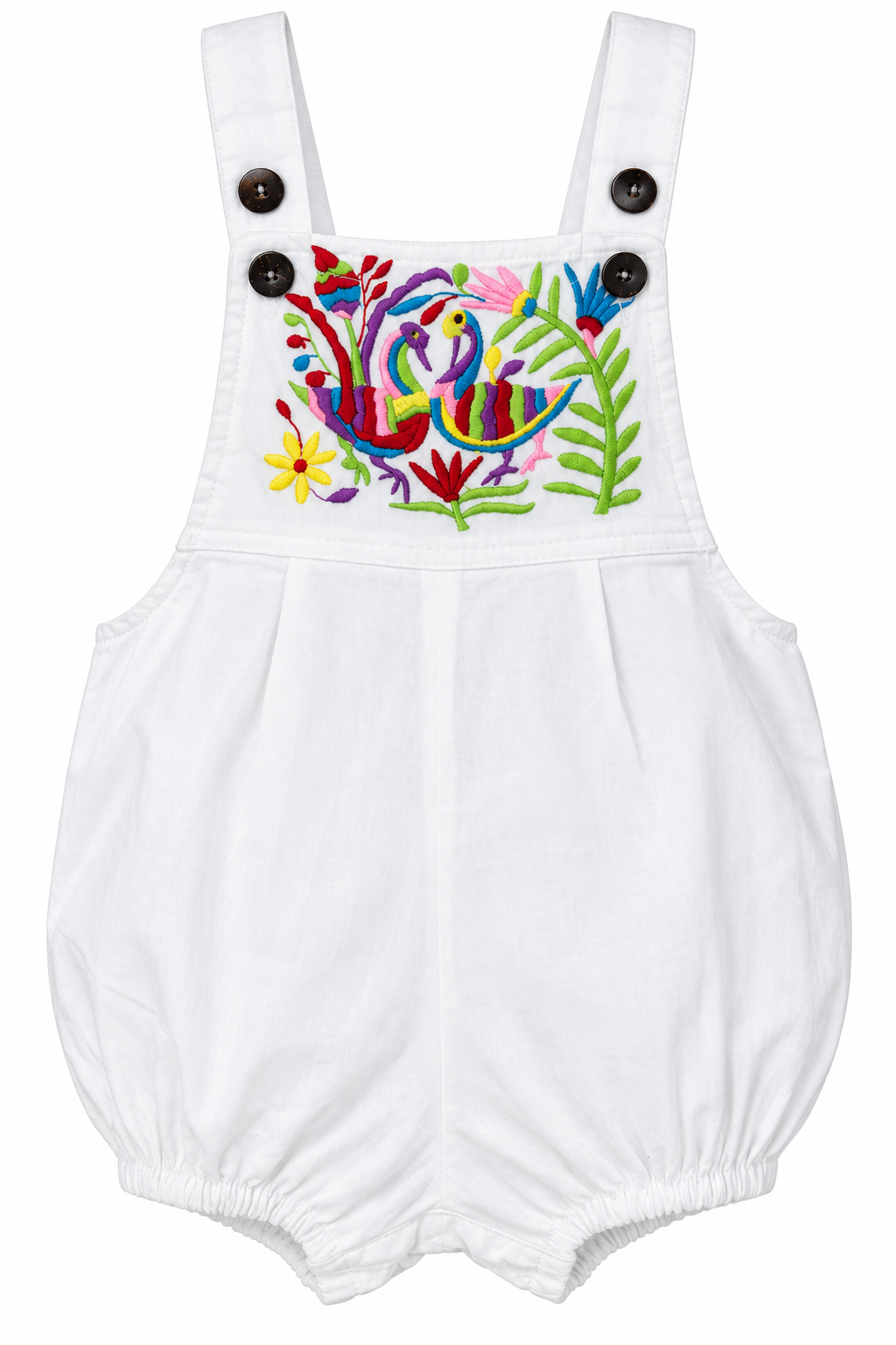 Colorful Love Birds Garden – Embroidered Cotton Romper – ghost mannequin front view