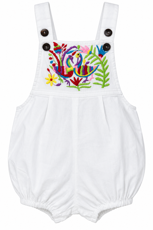 Colorful Love Birds Garden – Embroidered Cotton Romper – ghost mannequin front view