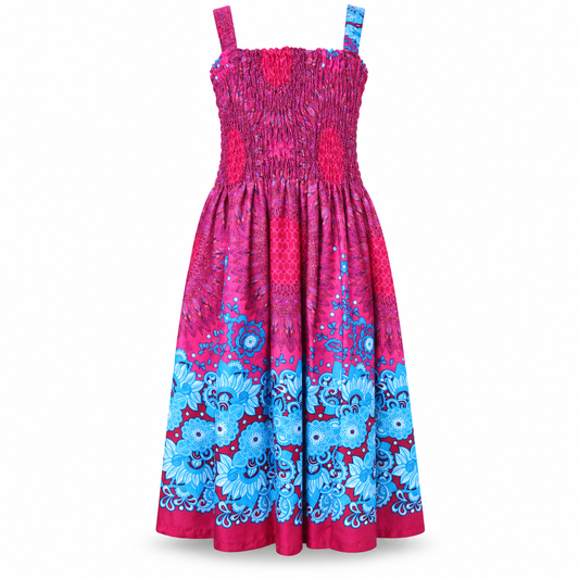 Magenta Blue Floral Border Smocked Dress - ghost mannequin front view