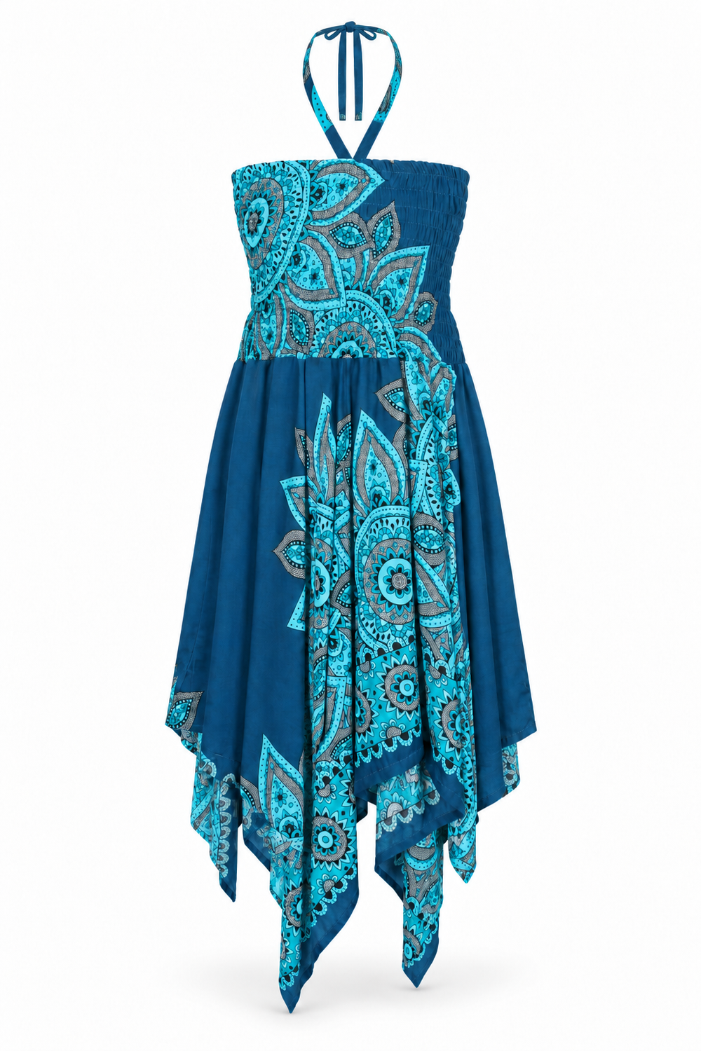 Ocean Peacock Mandala – Rayon Convertible Dress-Cum-Skirt – dress ghost mannequin front view