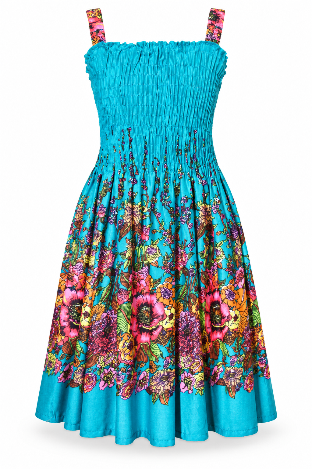Turquoise Floral Border Smocked Dress - ghost mannequin front view