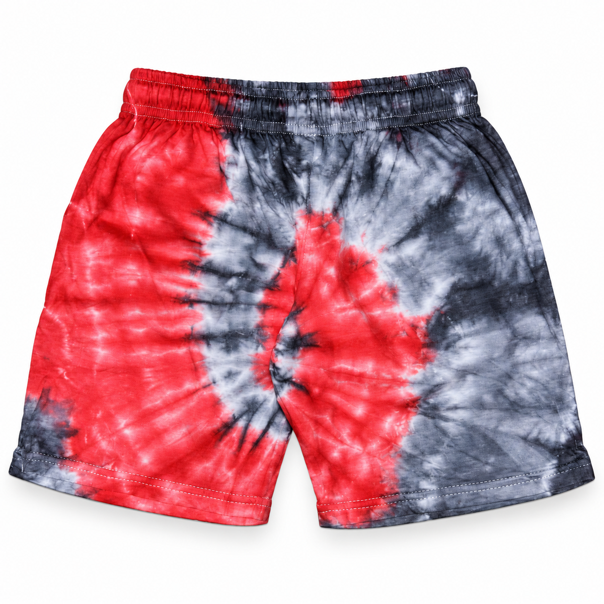 Red Black Tie-Dye Shorts - ghost mannequin front view