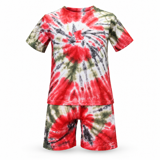 Red Olive Tie-Dye Tee and Shorts Set - ghost mannequin front view