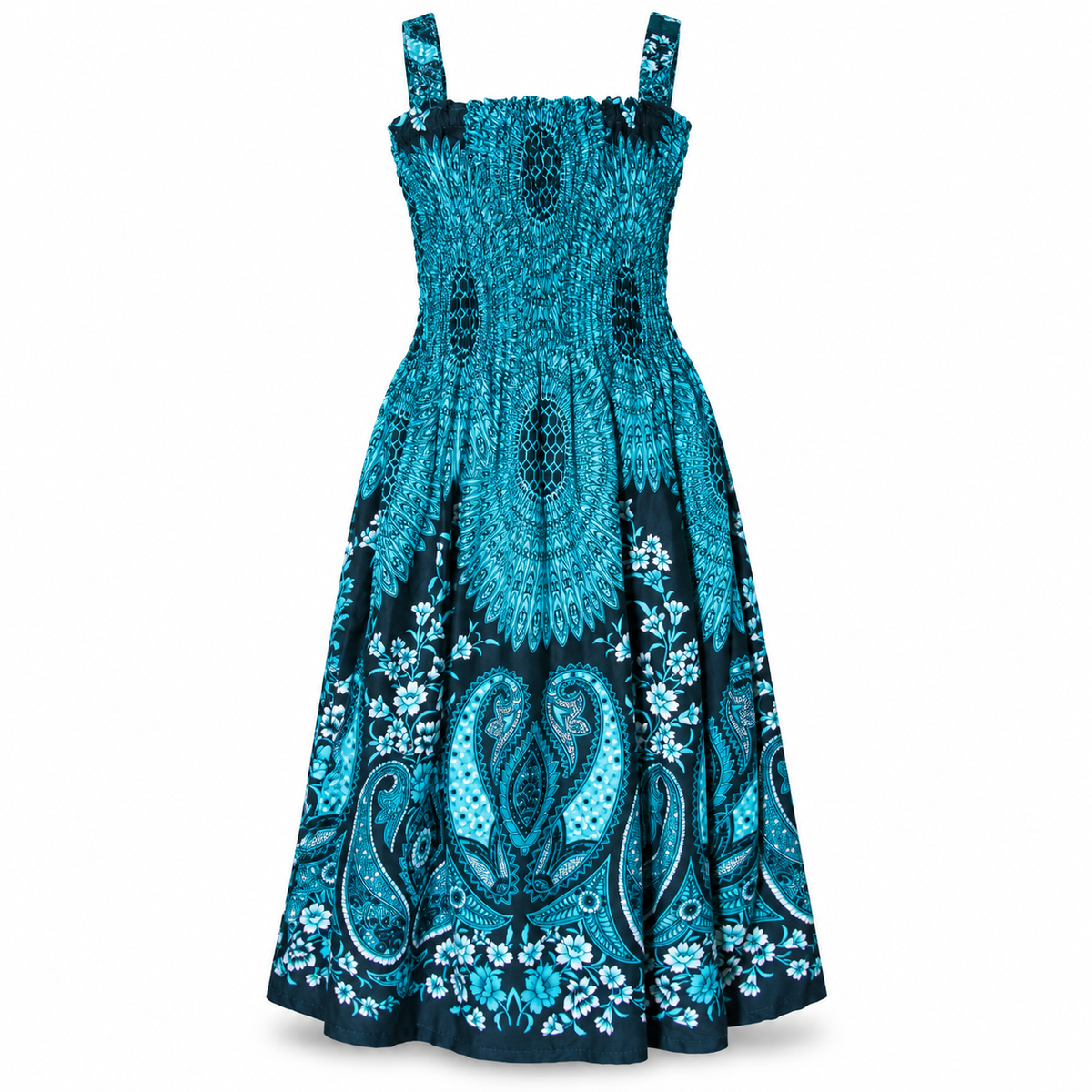 Turquoise and Black Paisley Smocked Dress - ghost mannequin front view