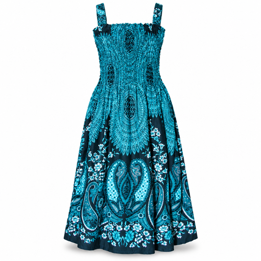 Turquoise and Black Paisley Smocked Dress - ghost mannequin front view