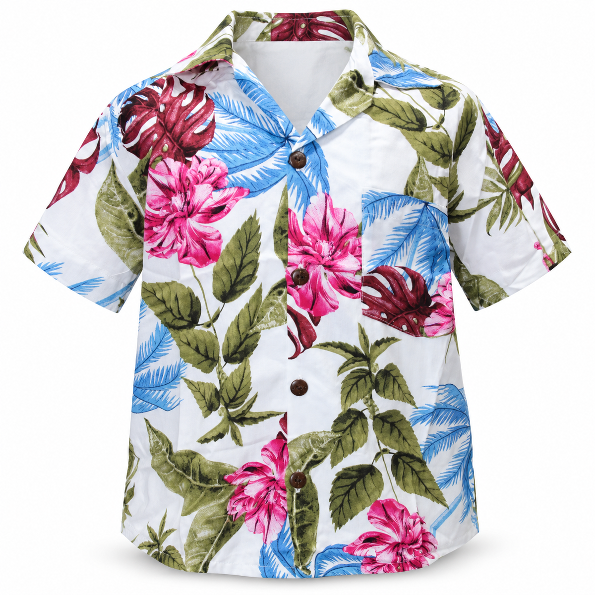 White Pink Blue Tropical Leaves Shirt - ghost mannequin front view