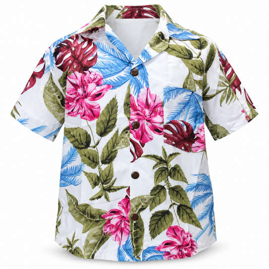 White Pink Blue Tropical Leaves Shirt - ghost mannequin front view
