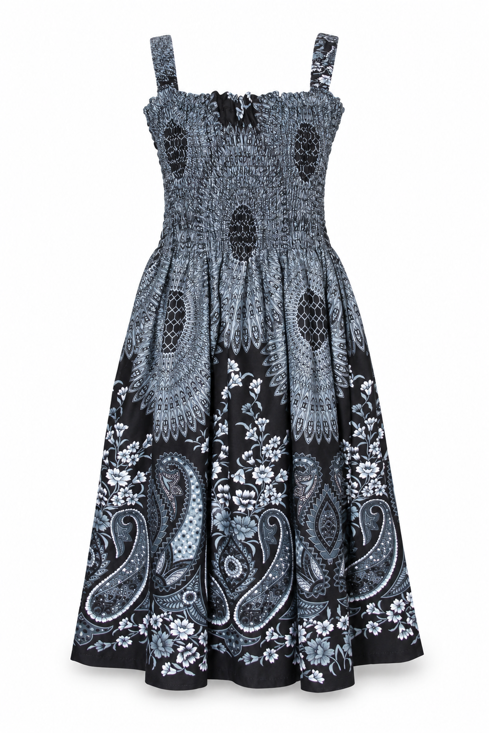 Black and White Paisley Smocked Dress - ghost mannequin front view