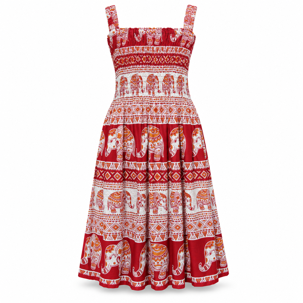 Red Elephant Print Smocked Dress - ghost mannequin front view