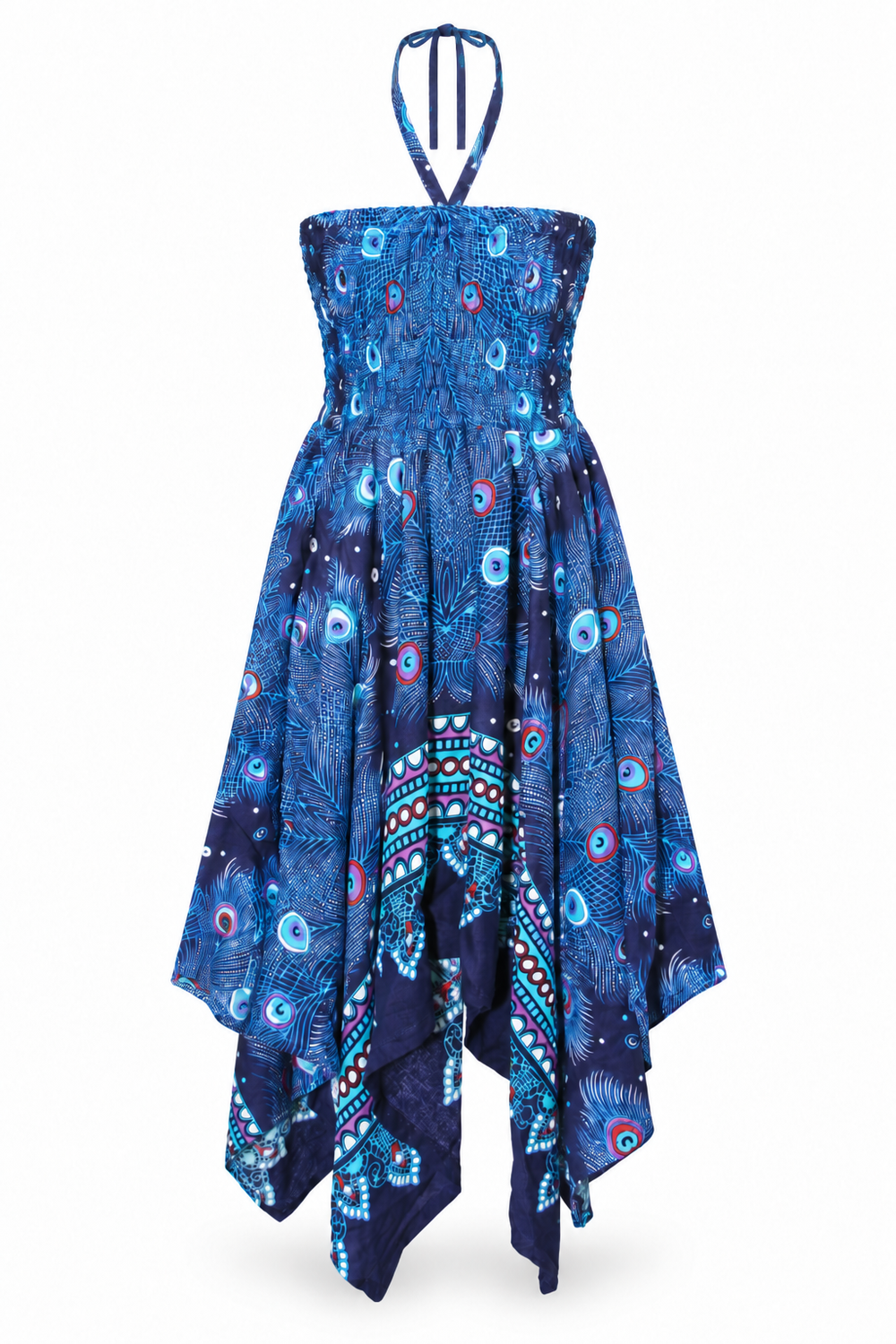 Peacock Feather Eyes – Rayon Convertible Dress-Cum-Skirt – dress ghost mannequin front view