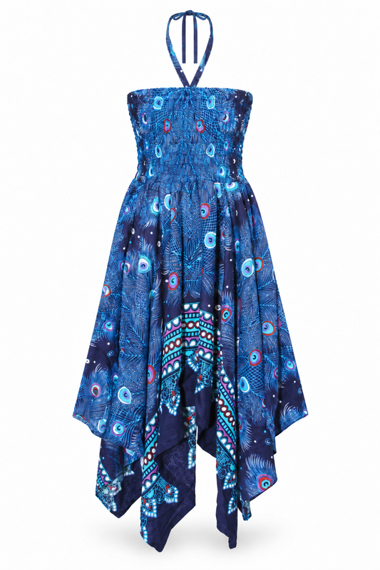 Peacock Feather Eyes – Rayon Convertible Dress-Cum-Skirt – dress ghost mannequin front view