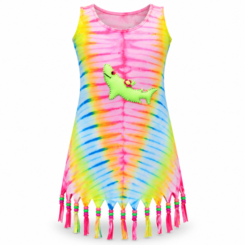 Rainbow Tie-Dye Dinosaur Fringe Dress
