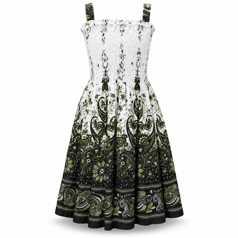 White and Black Paisley Smocked Dress - ghost mannequin front view