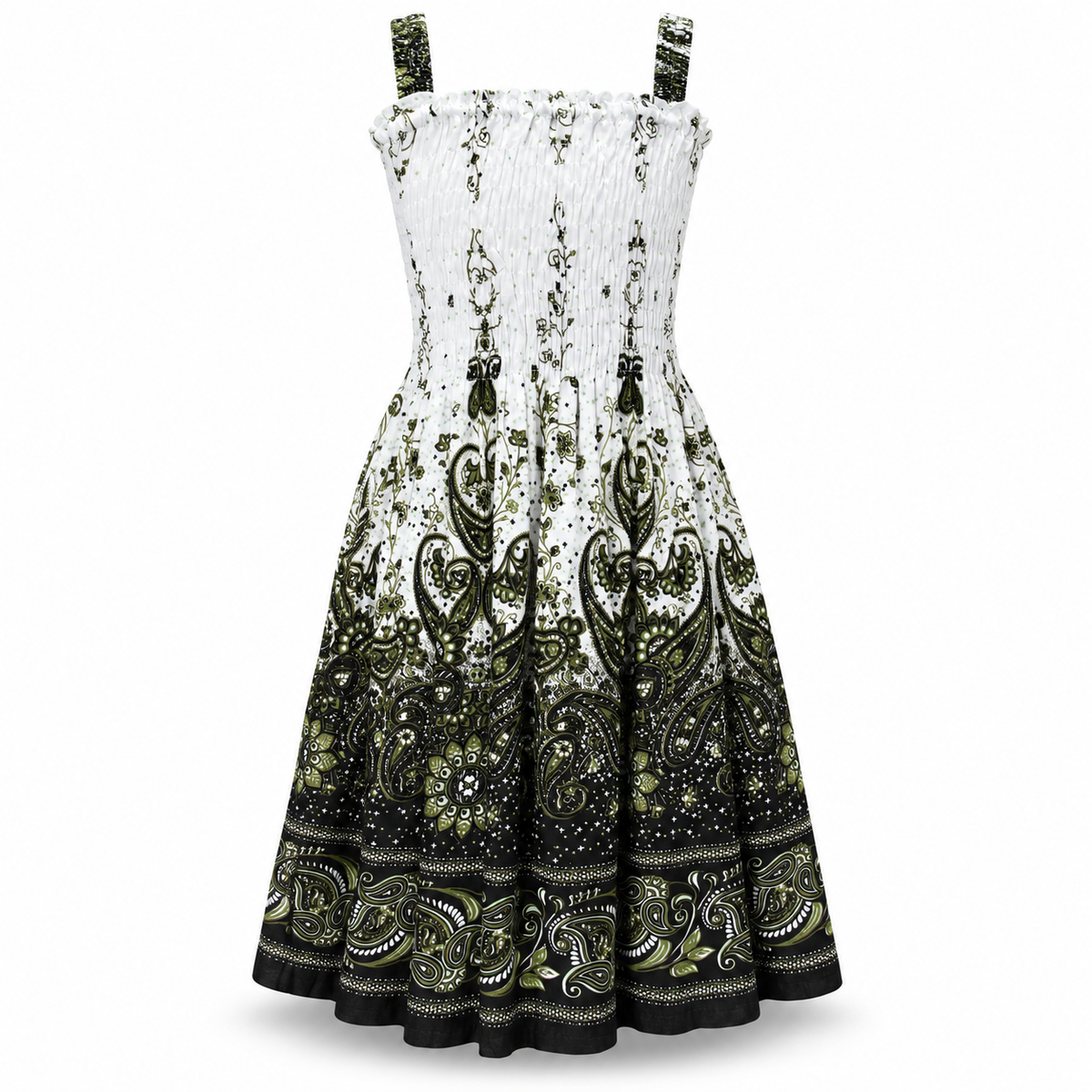 White and Black Paisley Smocked Dress - ghost mannequin front view
