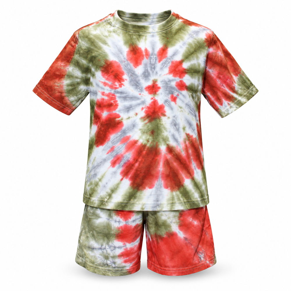 Orange Olive Tie-Dye Tee and Shorts Set - ghost mannequin front view