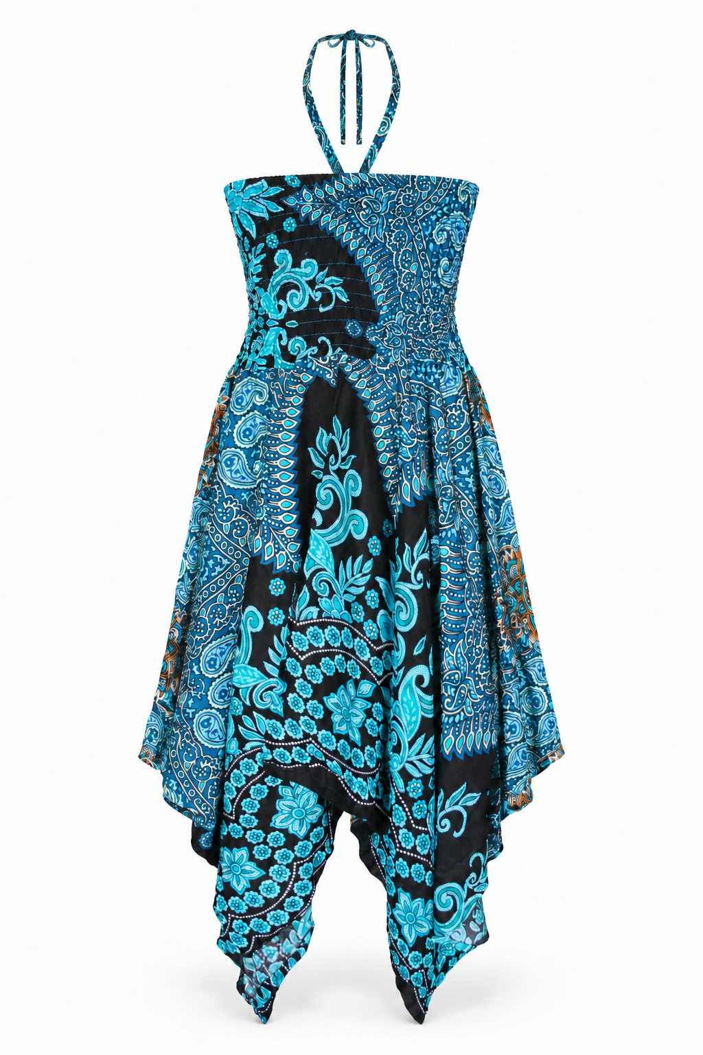 Turquoise Peacock Mandala – Rayon Convertible Dress-Cum-Skirt – dress ghost mannequin front view