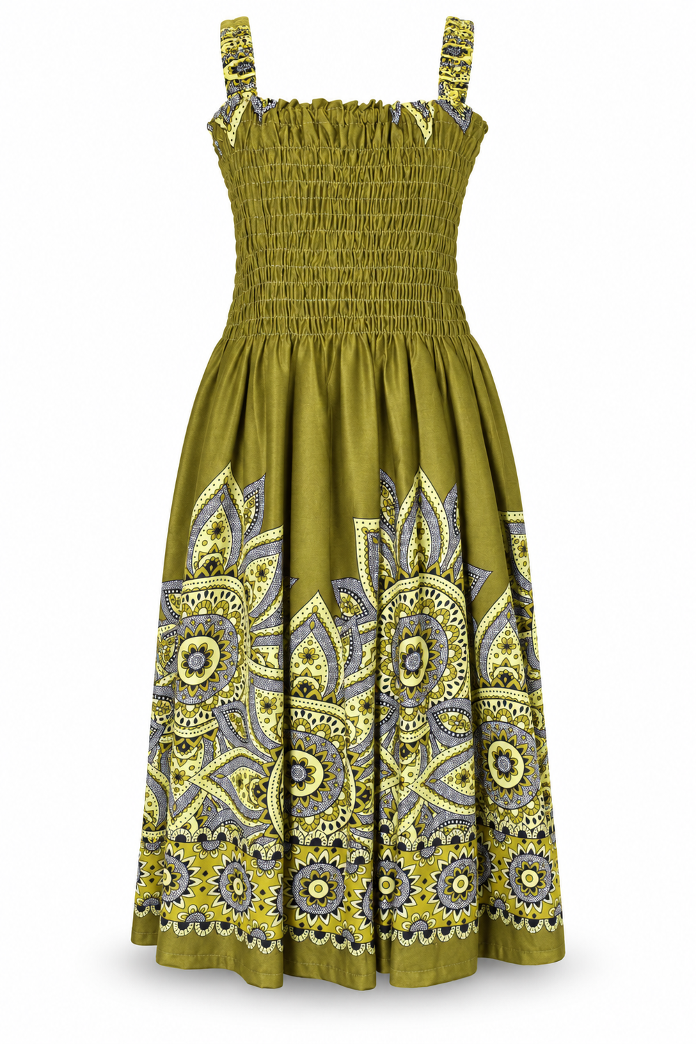 Olive Mandala Smocked Dress - ghost mannequin front view