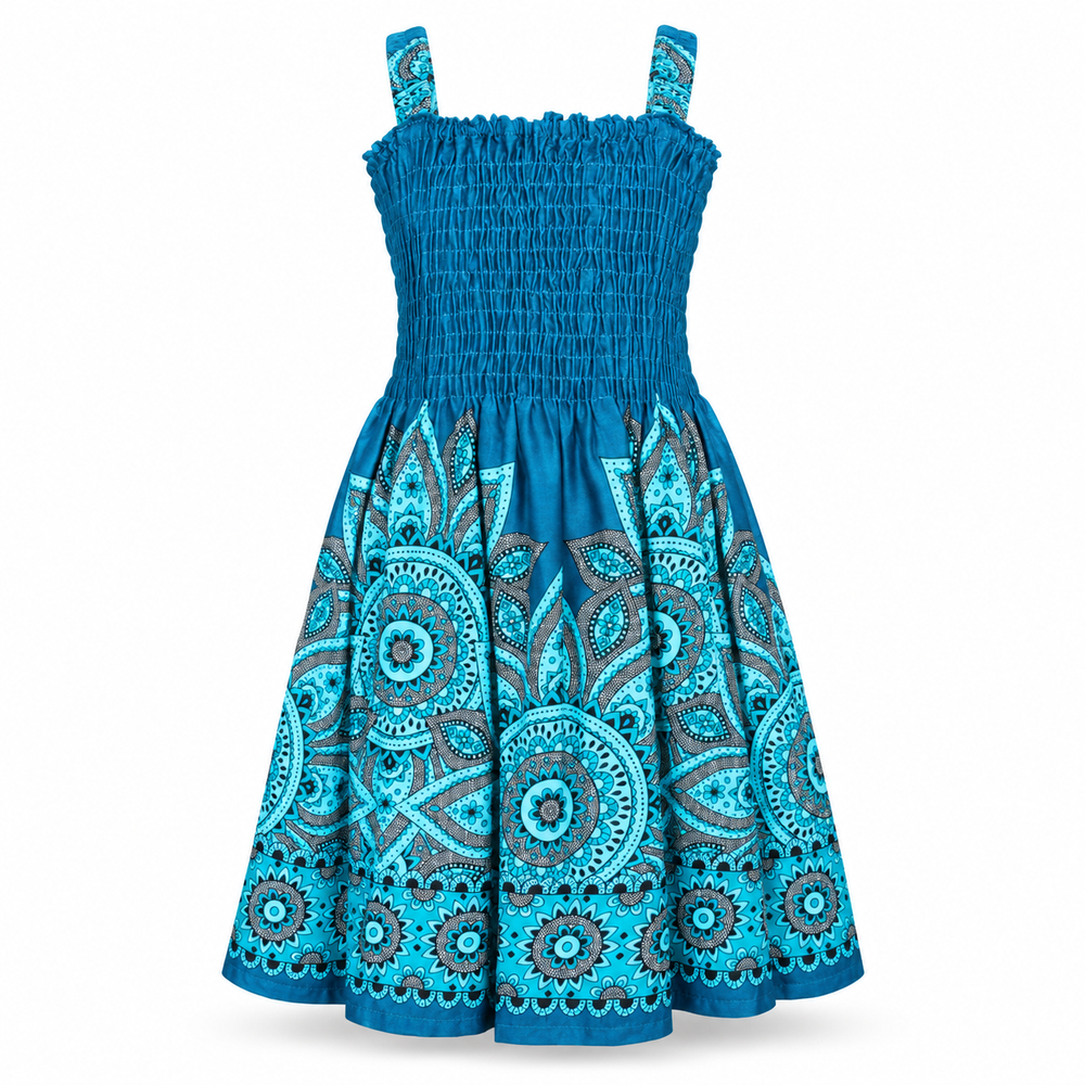 Ocean Blue Mandala Smocked Dress - ghost mannequin front view