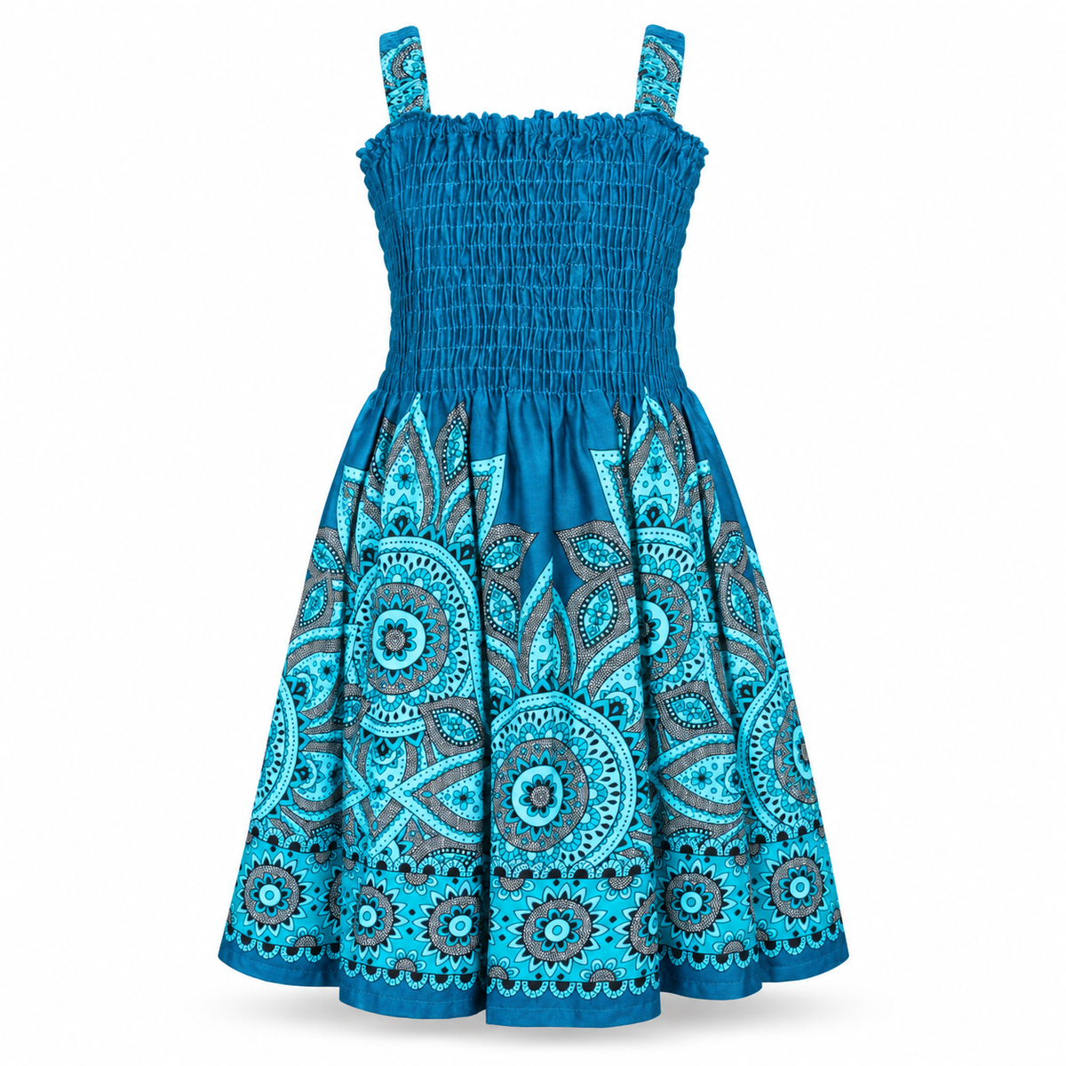 Ocean Blue Mandala Smocked Dress - ghost mannequin front view