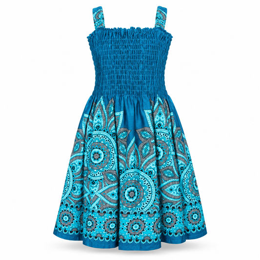 Ocean Blue Mandala Smocked Dress - ghost mannequin front view