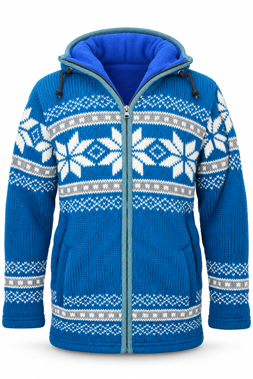 Blue & White Nordic Hooded Wool Jacket — ghost mannequin front view