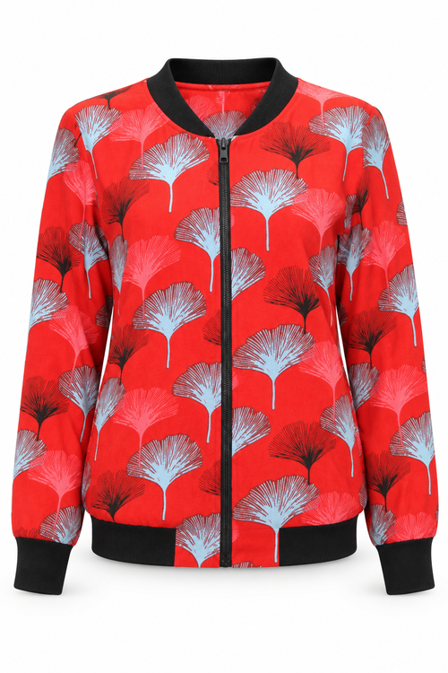 Jacket - Red Grey Ginkgo Leaf Pattern