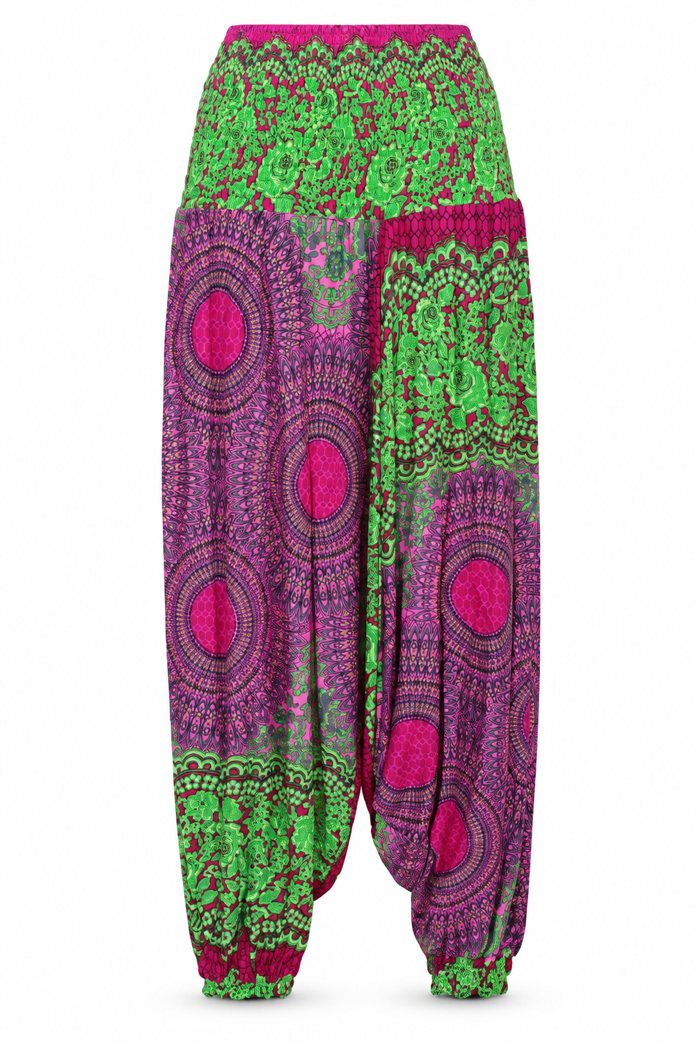 Green Pink Patchwork Harem Pants ghost mannequin front view