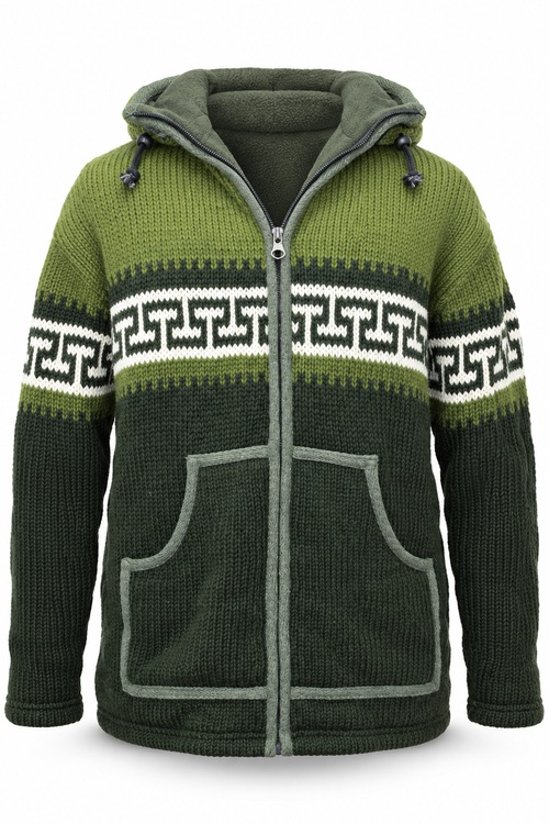 Olive Green Geometric Hooded Wool Jacket