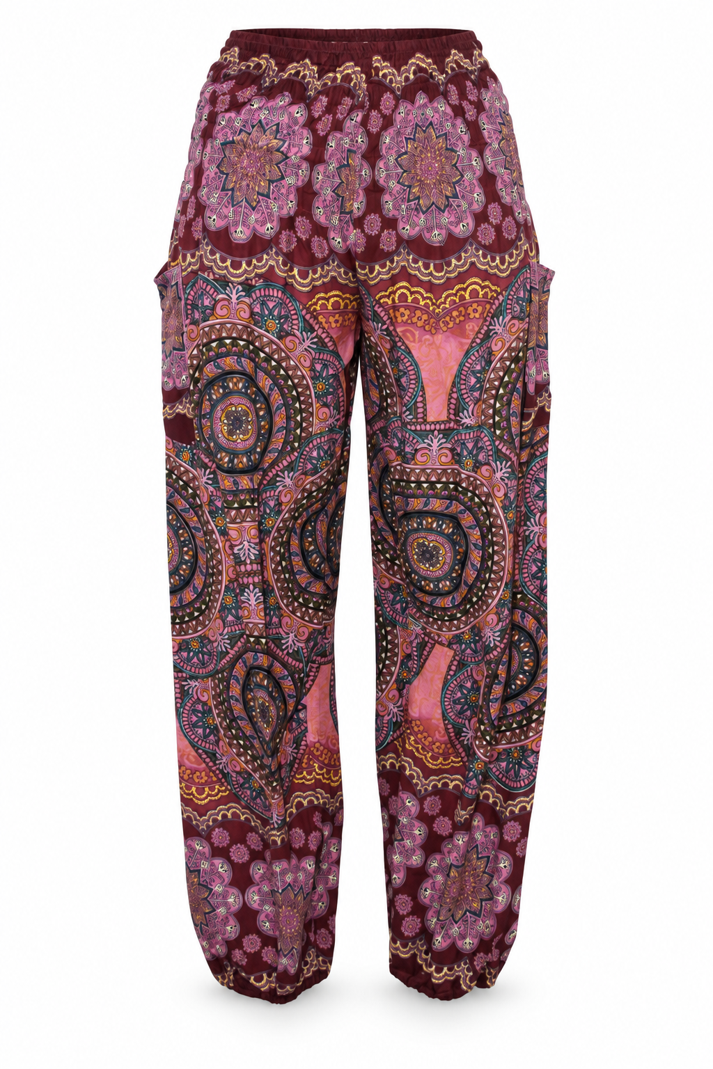 Burgundy Paisley Harem Pants ghost mannequin front view