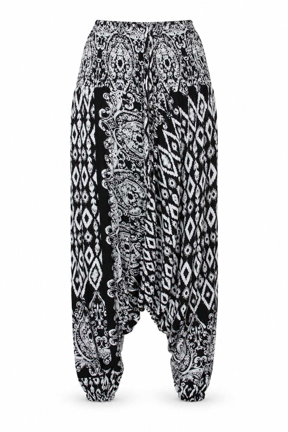 Black White Floral Harem Pants ghost mannequin front view