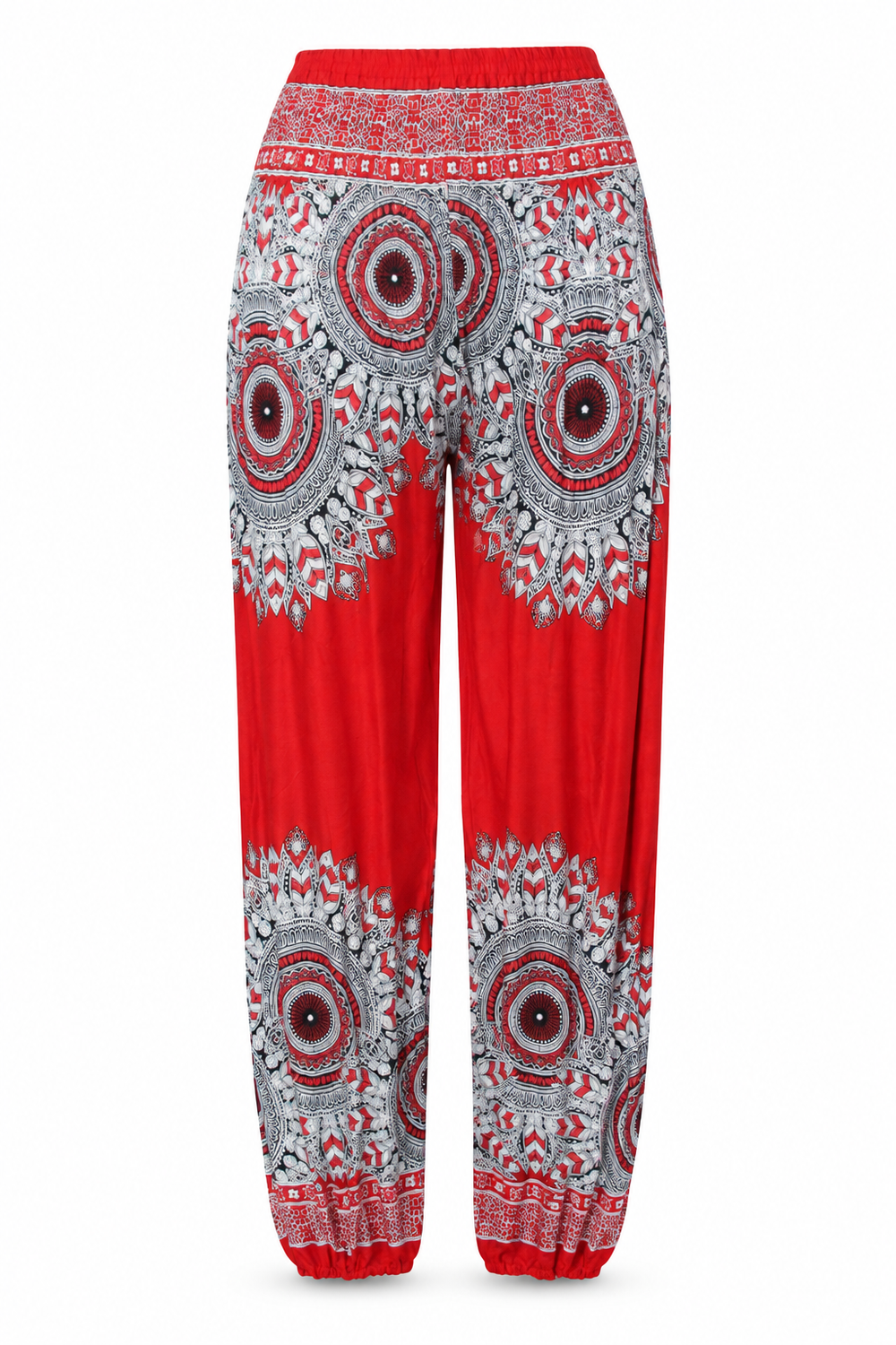 Red White Mandala Harem Pants ghost mannequin front view