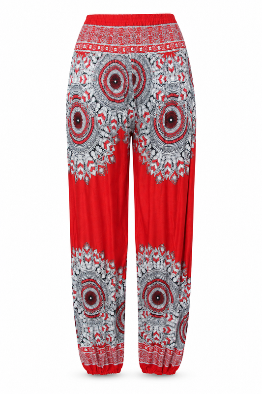 Red White Mandala Harem Pants ghost mannequin front view
