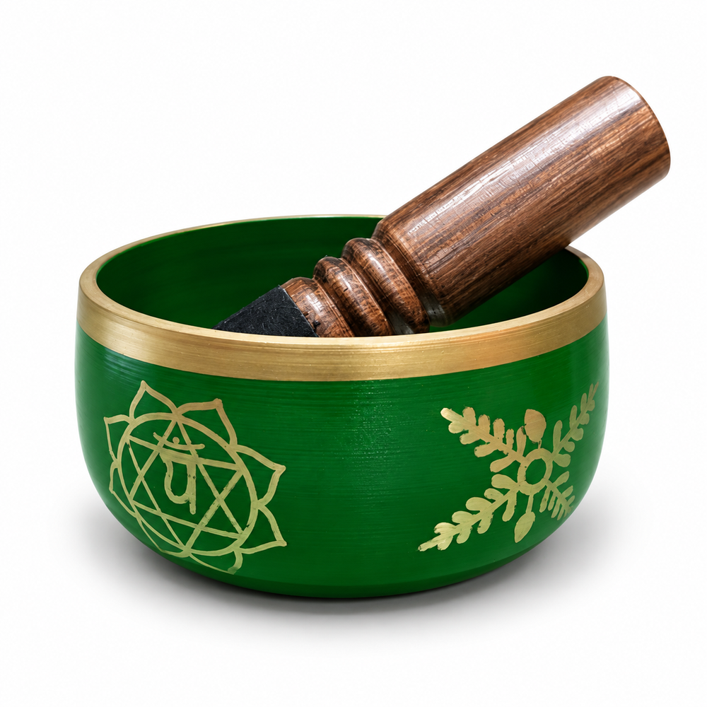Green Chakra Singing Bowl with Black Mallet - view 1