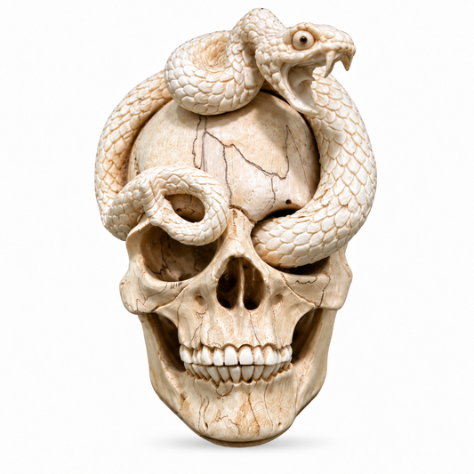 Hand-Carved Snake Made from Deer Antler on a Wooden Skull