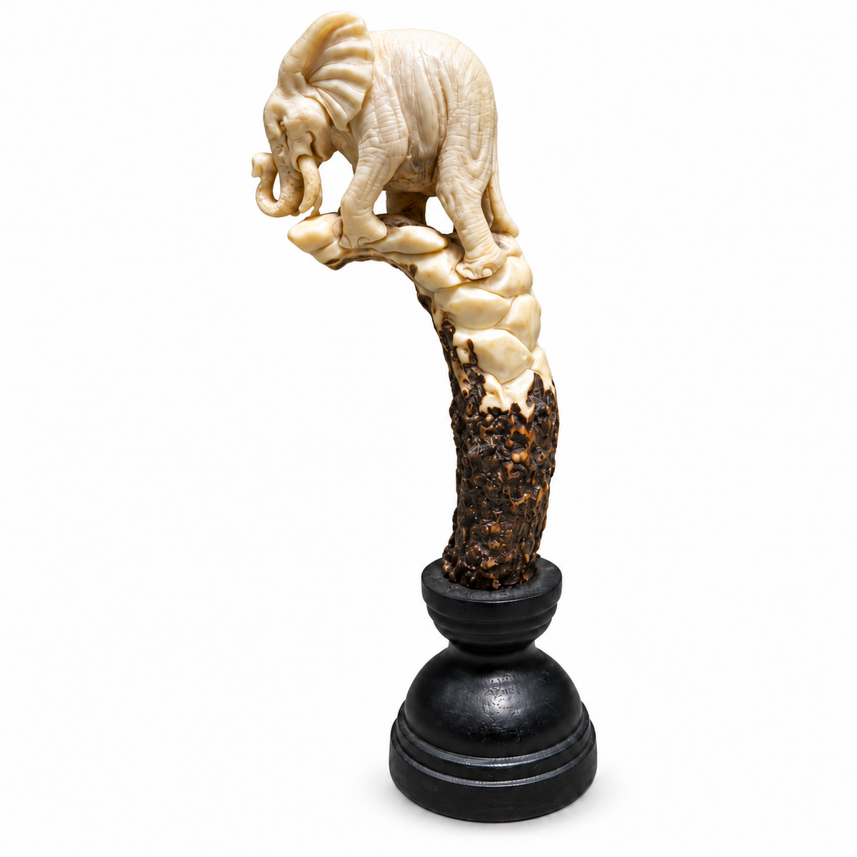 Hand-Carved Elephant Head Made from Deer Antler with Display Stand
