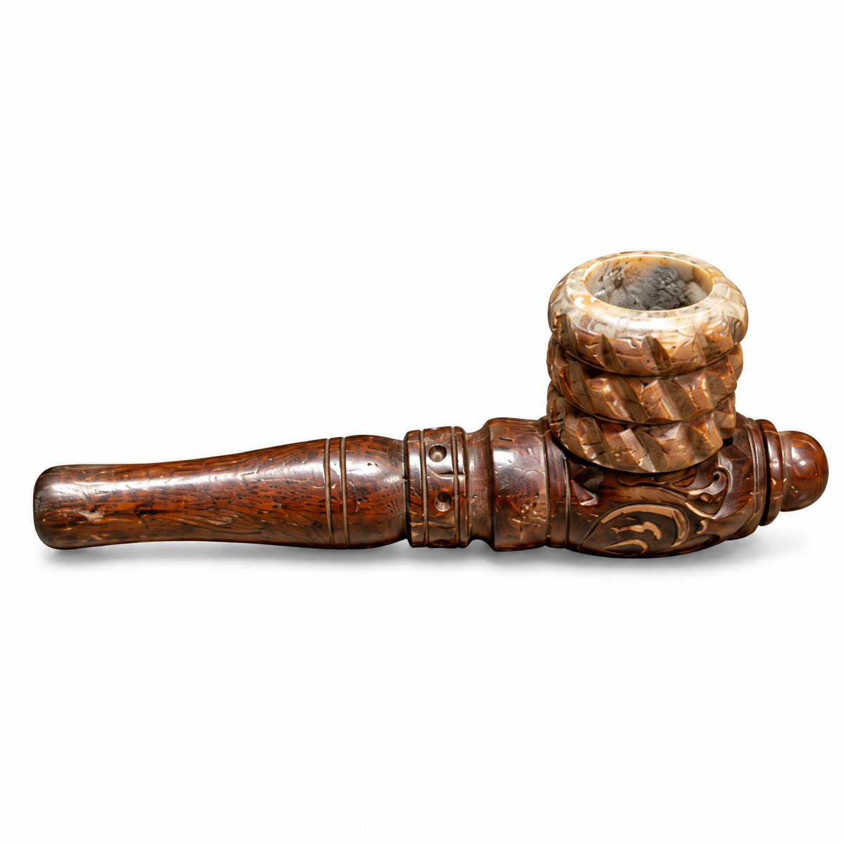 Handmade Indian Wooden Pipe with Basket-Carved Bowl