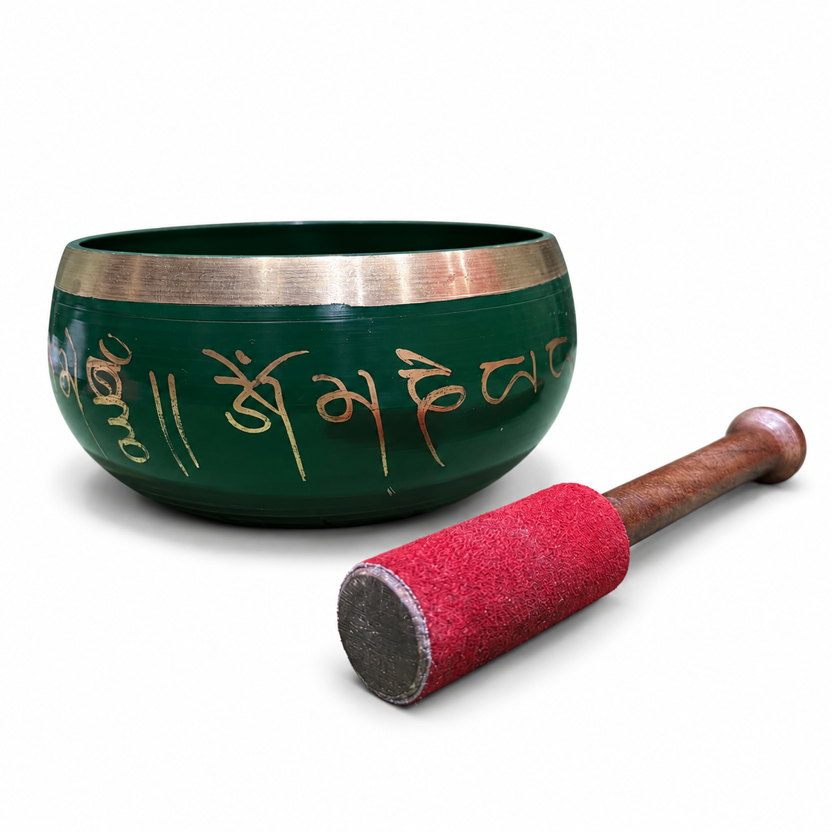 Green Mantra Singing Bowl with Red Mallet - bowl and genuine red mallet main view