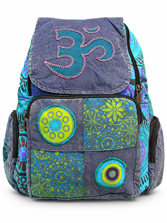 Grey Blue Om Spiral Patchwork Backpack