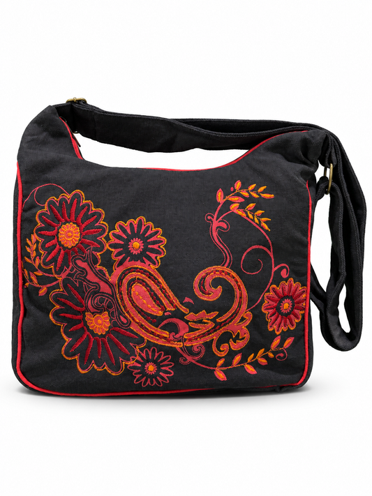 Black Red Floral Messenger Bag