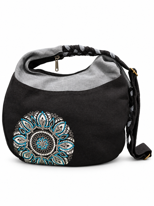 Black Floral Applique Shoulder Bag