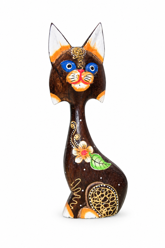 Painted Wooden Cat Tall Blue Eyes - 01-main