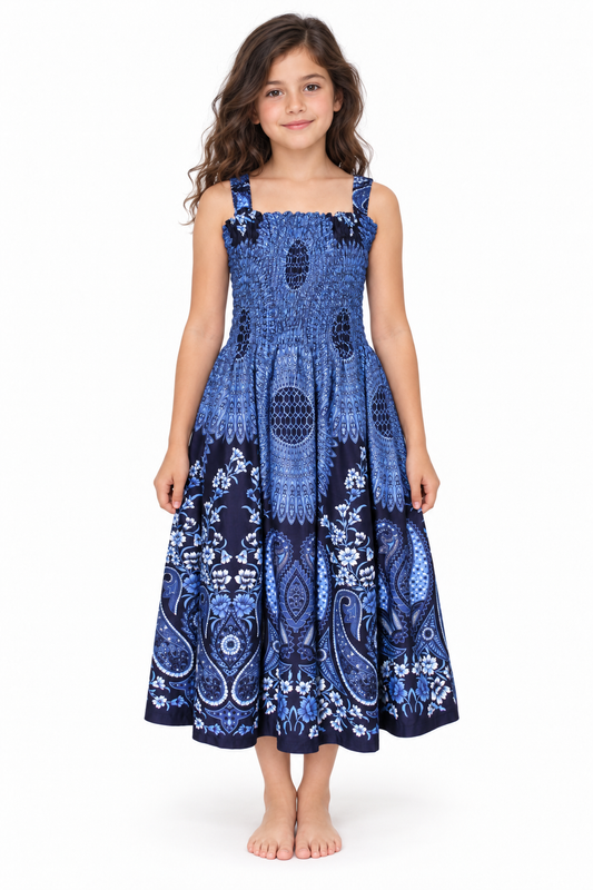 Blue Navy Paisley Smocked Dress - model front view