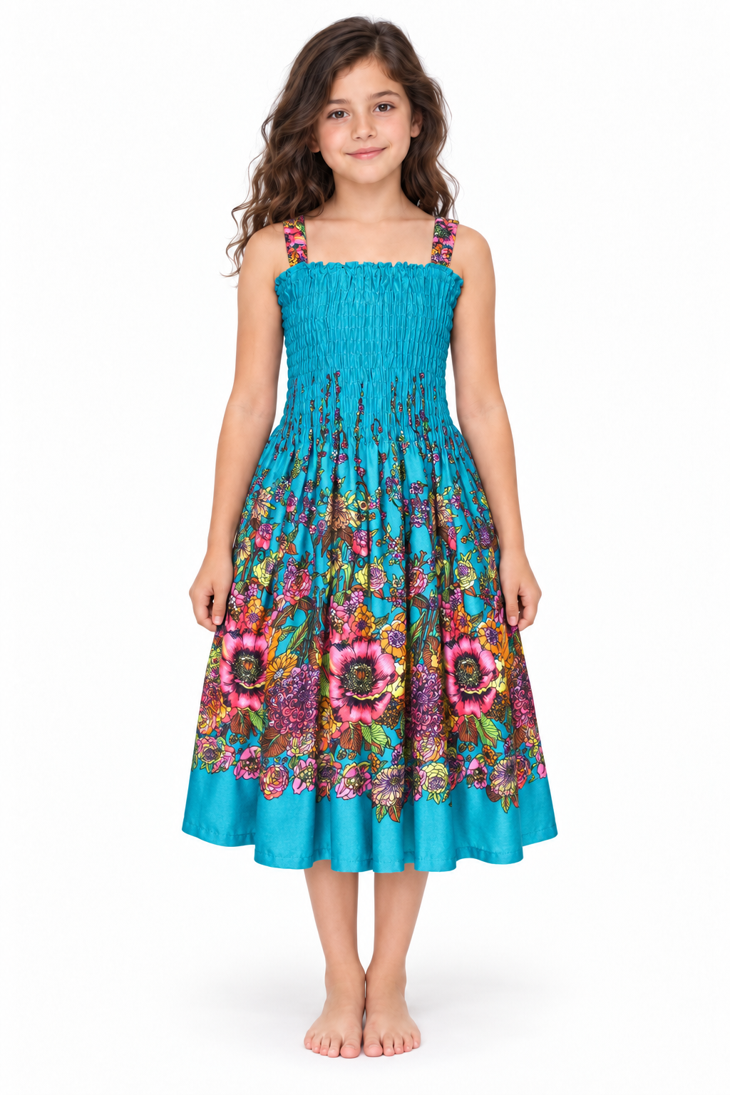Turquoise Floral Border Smocked Dress - model front view