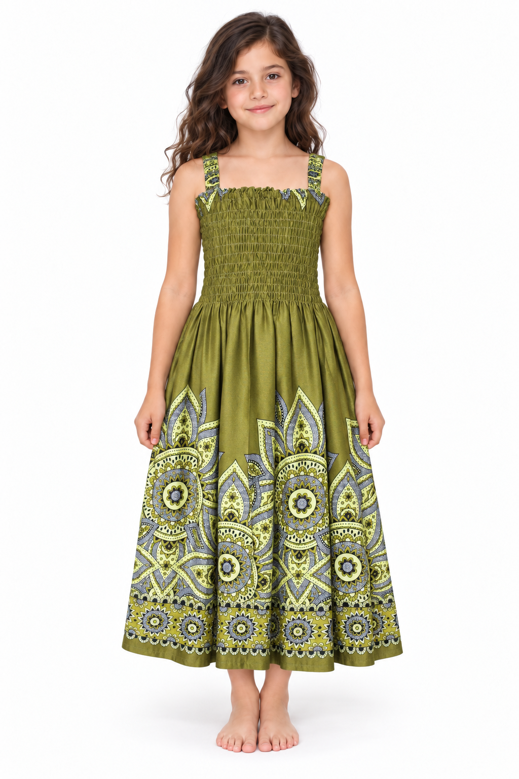 Olive Mandala Smocked Dress - model front view