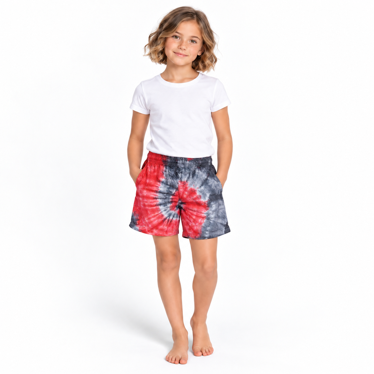 Red Black Tie-Dye Shorts - model front view
