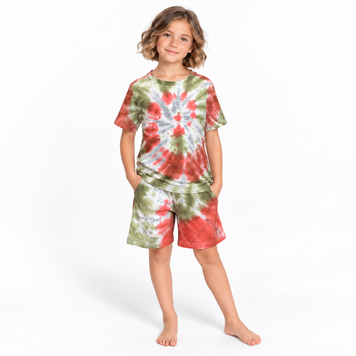 Orange Olive Tie-Dye Tee and Shorts Set - model front view