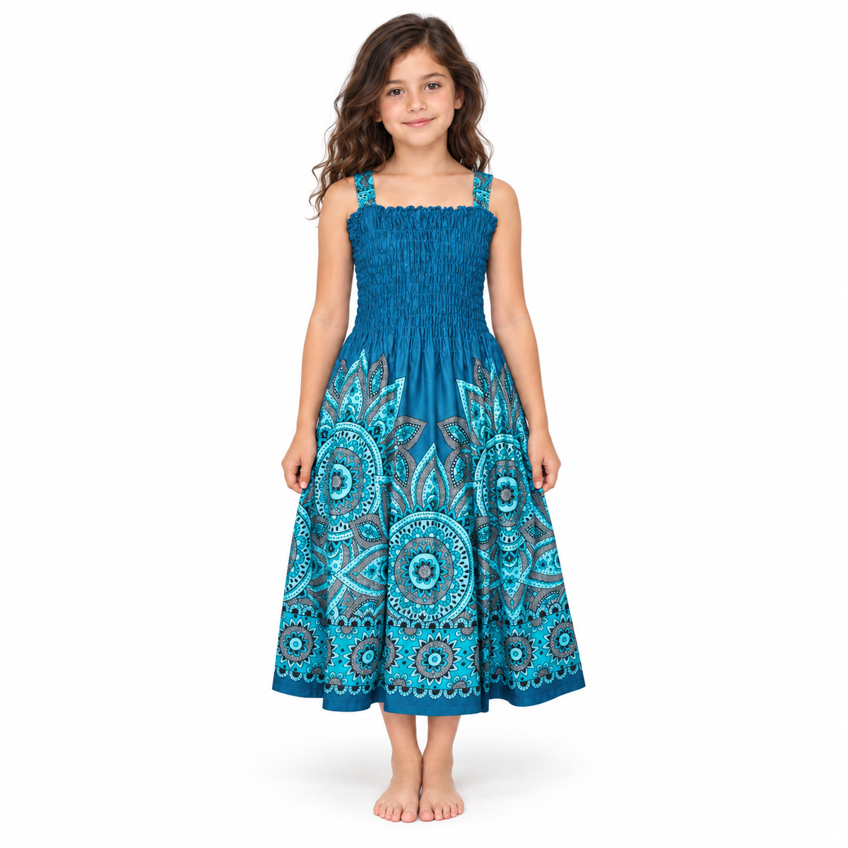 Ocean Blue Mandala Smocked Dress - model front view