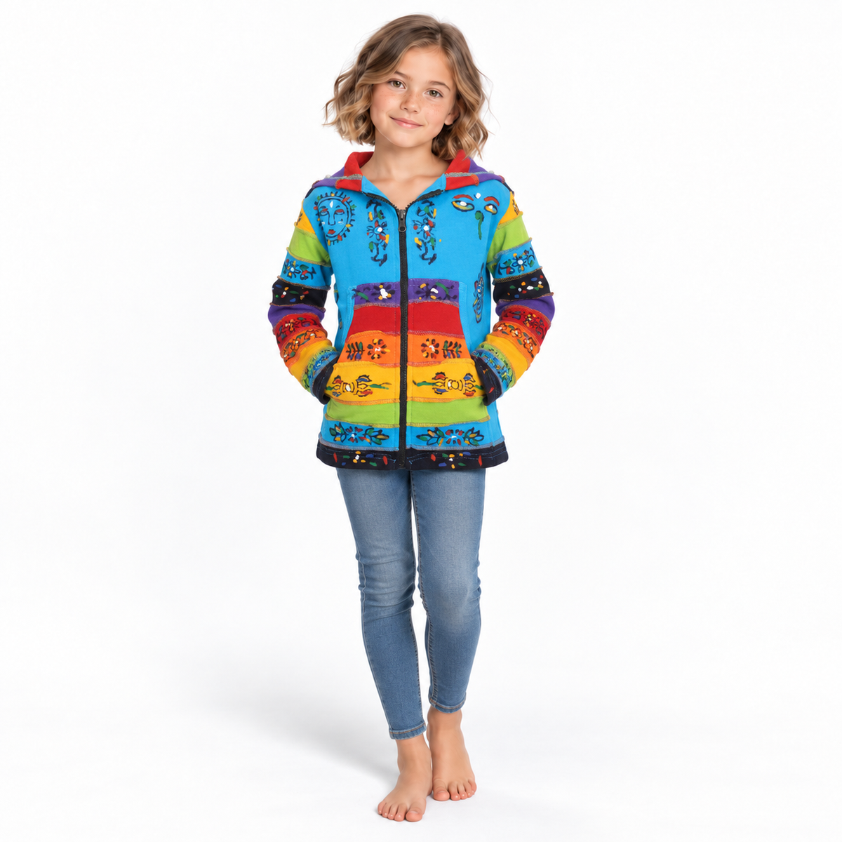 Blue Patchwork Hoodie - model front view