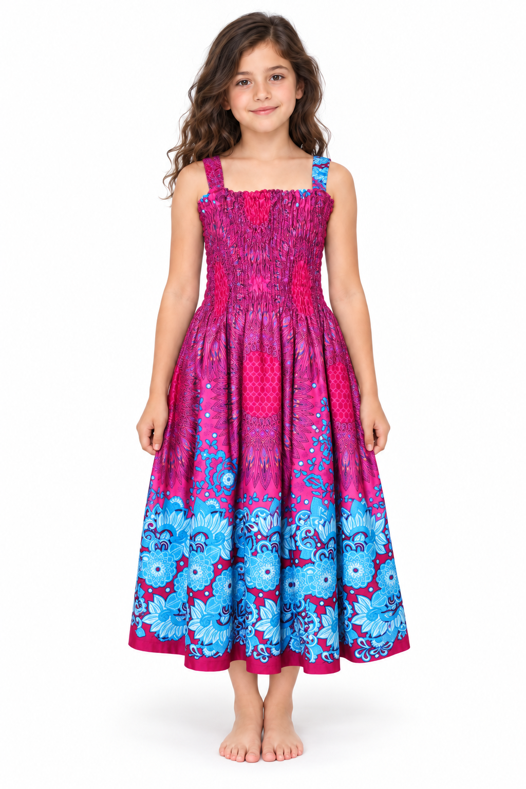 Magenta Blue Floral Border Smocked Dress - model front view